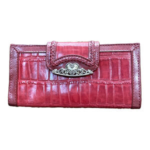 Vintage Y2K Red Leather Checkbook Wallet Moc Croc Silver Heart Clutch Purse
